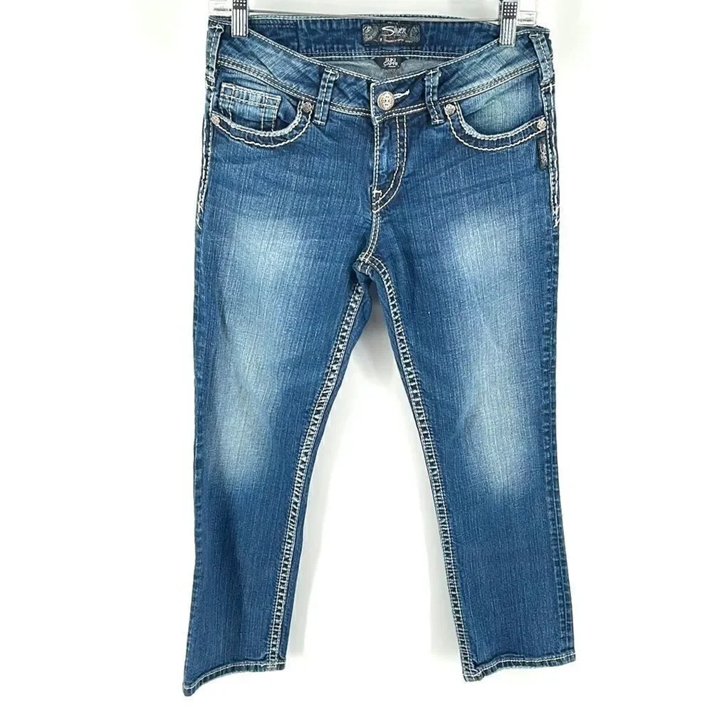 Silver Suki Capri blue jeans denim western stitching embroidery EUC 28 cowgirl